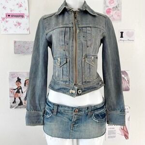 MNG Jeans Y2K Medium Wash Cargo Denim Zip-Up Jacket Size S
